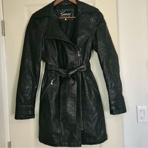 Guess Vegan Faux Leather Belted Black Trench Coat w/ Zipper, Fully Lined Jacket